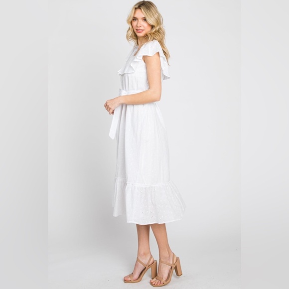 (R9)PINKBLUSH White off-the-shoulder dress with ruffles and eyelet embroidery S - Picture 3 of 14